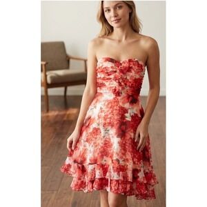 White House Black Market Silk Floral Strapless Tiered Dress Size 00 WHBM